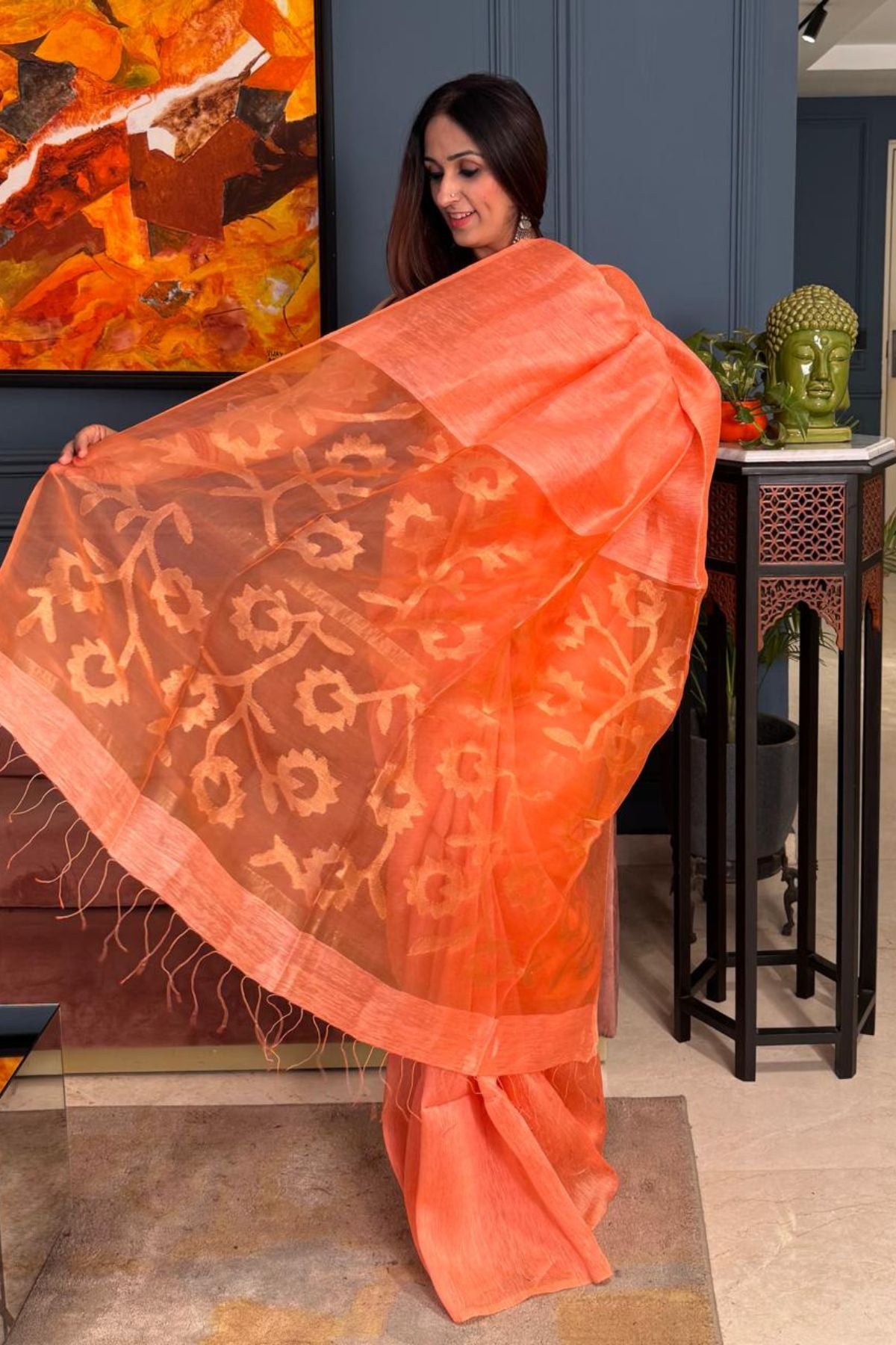 Handwoven Pure Silk linen saree with Jamdani weave